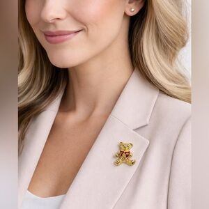 Avon Vintage Gold Tone Teddy Bear Brooch with Red Bow